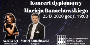 Plakat promujący koncert Macieja Banachowskiego - dwie postacie wraz z opisem wydarzenia